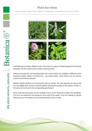 Plant List Mints Botanica Gmbh • Industrie Nord • 5643 Sins • Switzerland • • +41 41 757 00 00
