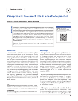 Vasopressin: Its Current Role in Anesthetic Practice