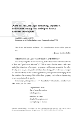 CACODE IS SPEECH: Legal Tinkering, Expertise, and Protest Among Free and Open Source Software Developers