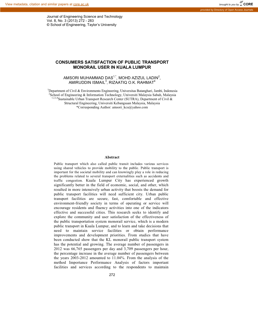 Consumers Satisfaction of Public Transport Monorail User in Kuala Lumpur