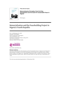 Memorialisation and the Peacebuilding Project in Nigeria's