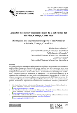 Aspectos Biofísicos Y Socioeconómicos De La Subcuenca Del Rio Páez, Cartago, Costa Rica