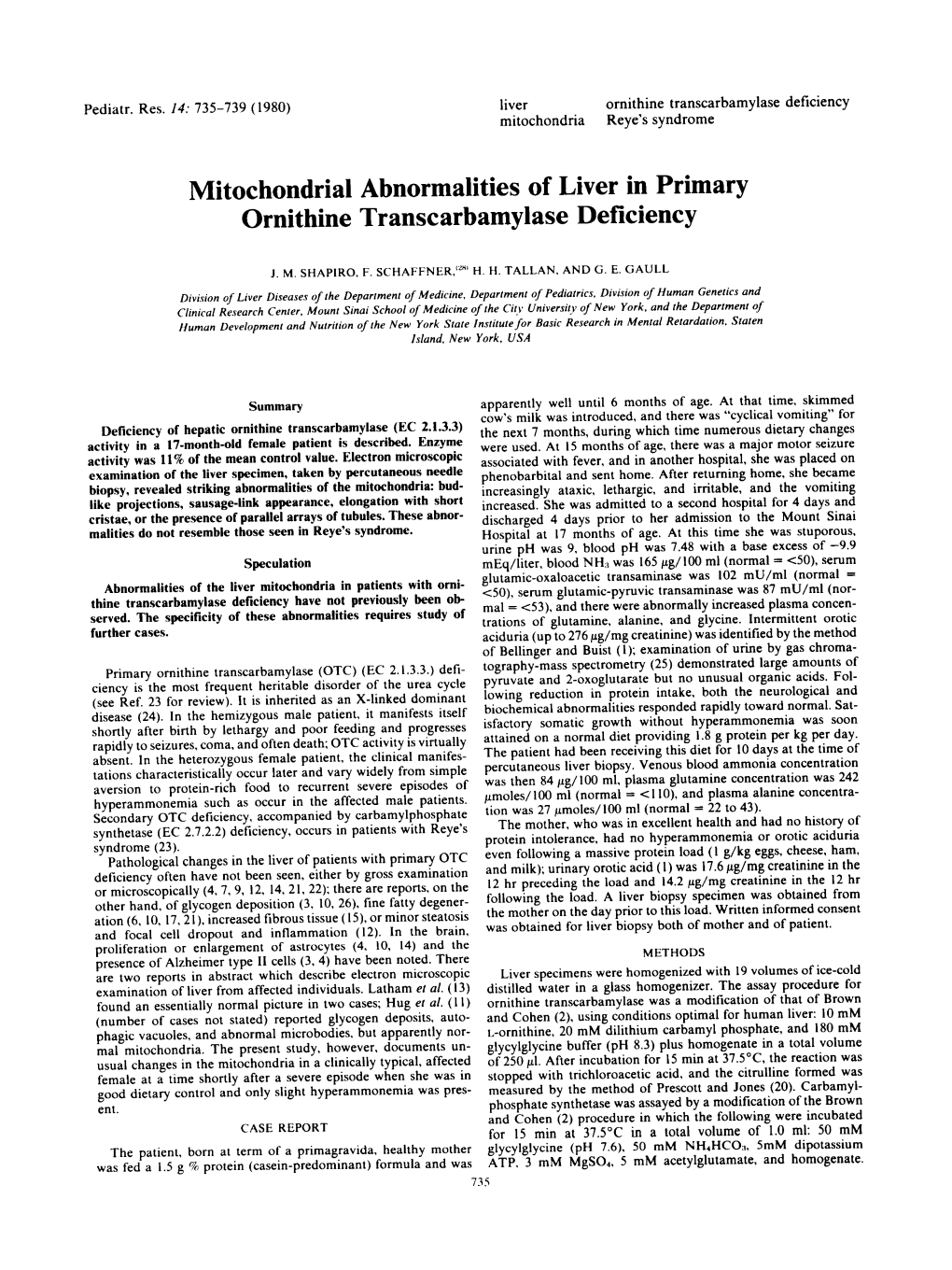 Mitochondria1 Abnormalities of Liver in Primary Ornithine Transcarbamylase Deficiency