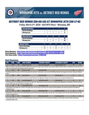 Detroit Red Wings (26-28-10) at Winnipeg Jets (38-17-9) Friday, March 2Nd, 2018 – Bell MTS Place – Winnipeg, MB