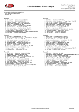 Lincolnshire Old School League Draft Results 06-Mar-2014 12:53 AM ET