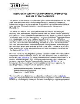 Independent Contractor Or Common Law Employee for Use by State Agencies