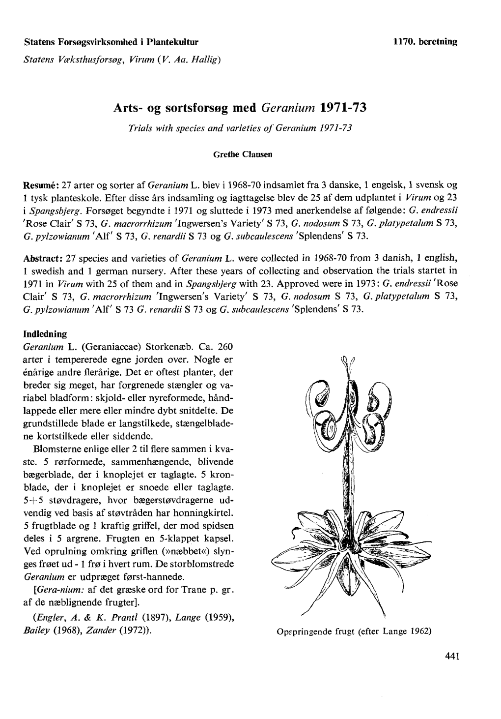 Arts- Og Sortsforsøg Med Geranium 1971-73