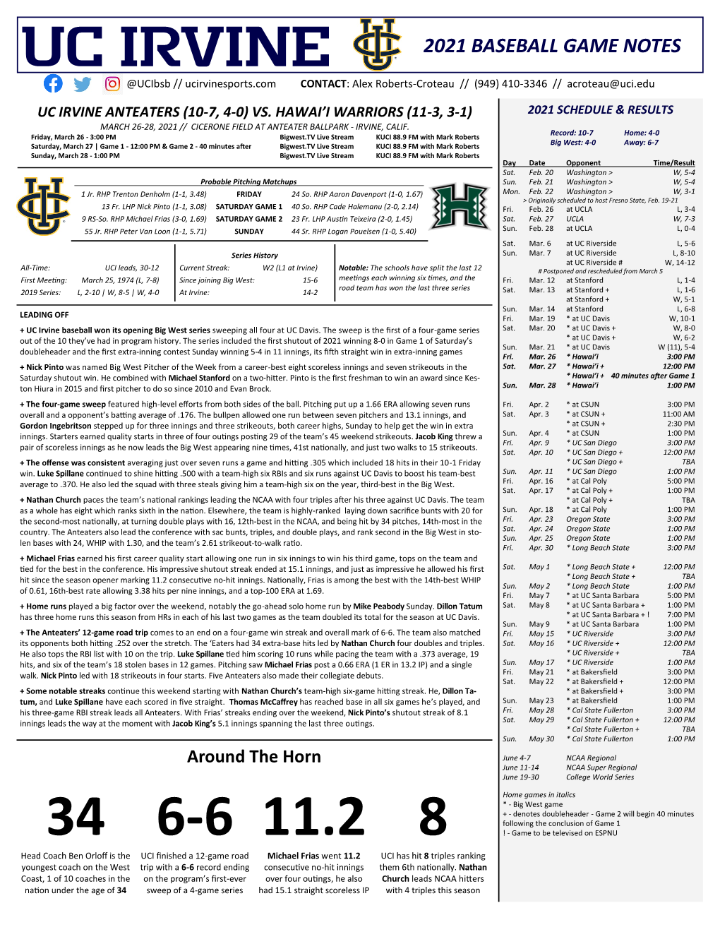 2021 Baseball Game Notes