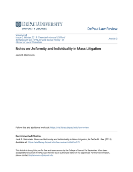 Notes on Uniformity and Individuality in Mass Litigation