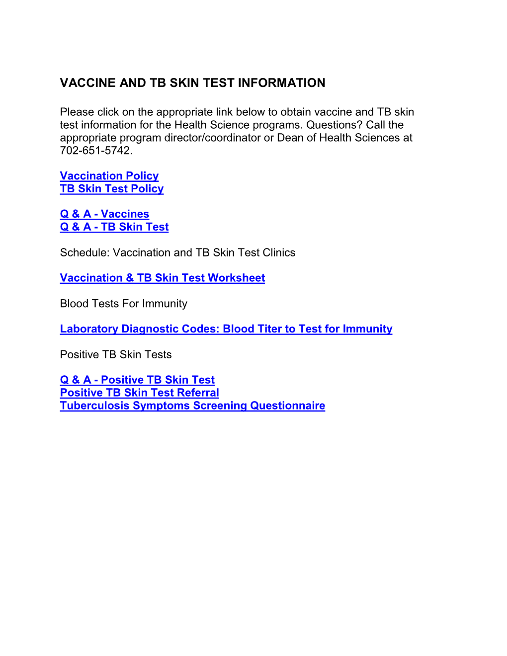 Vaccine and Tb Skin Test Information