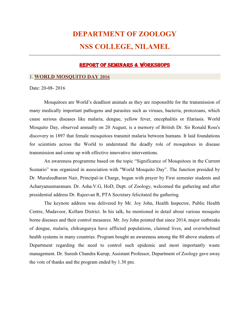 Department of Zoology Nss College, Nilamel