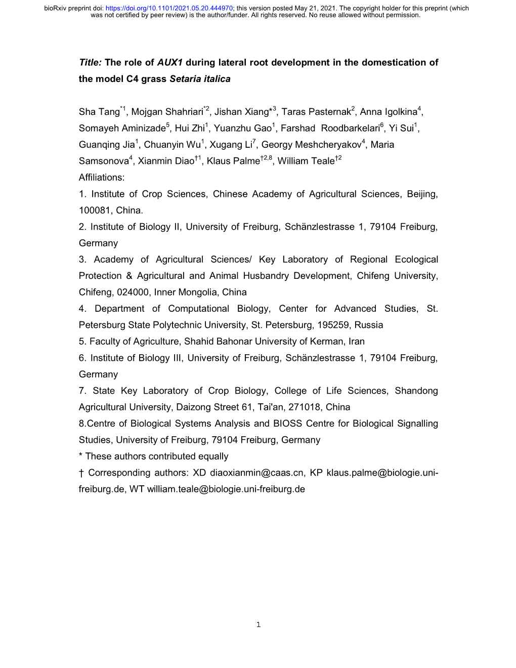 The Role of AUX1 During Lateral Root Development in the Domestication of the Model C4 Grass Setaria Italica