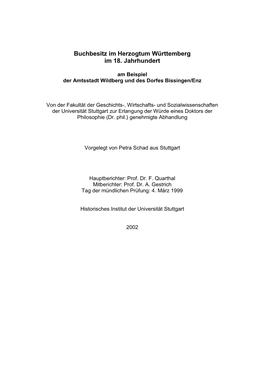 Buchbesitz Im Herzogtum Württemberg Im 18. Jahrhundert