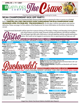 NCAA CHAMPIONSHIP KICK OFF PARTY! We Are Happy to Announce That Buckwald’S Arizona Grille Will Be Re-Opening for Dine in Service on a Limited Basis