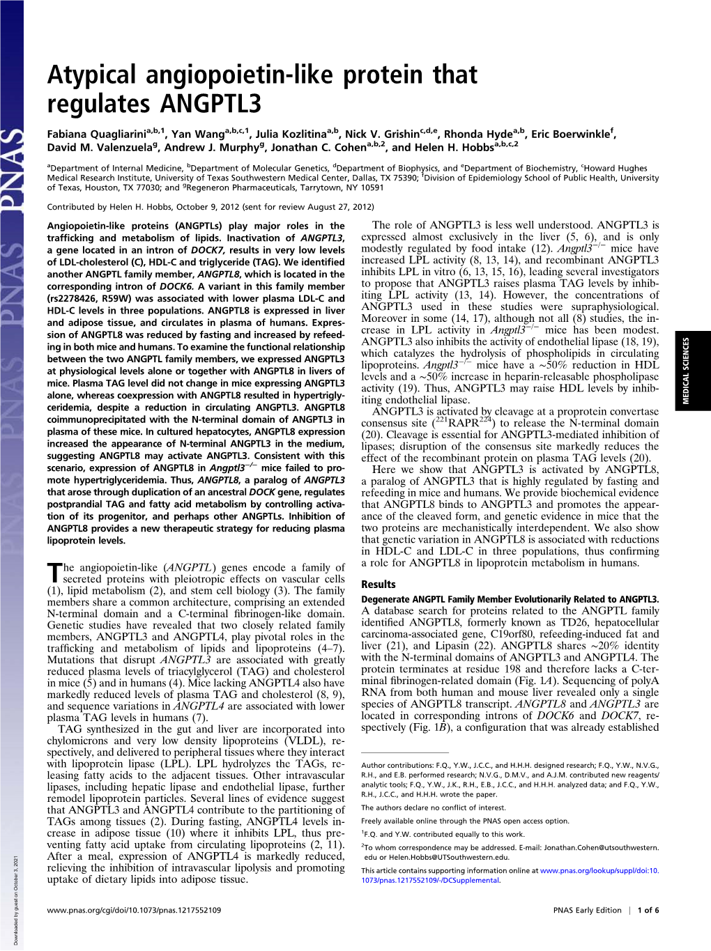 Atypical Angiopoietin-Like Protein That Regulates ANGPTL3