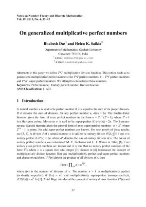 On Generalized Multiplicative Perfect Numbers