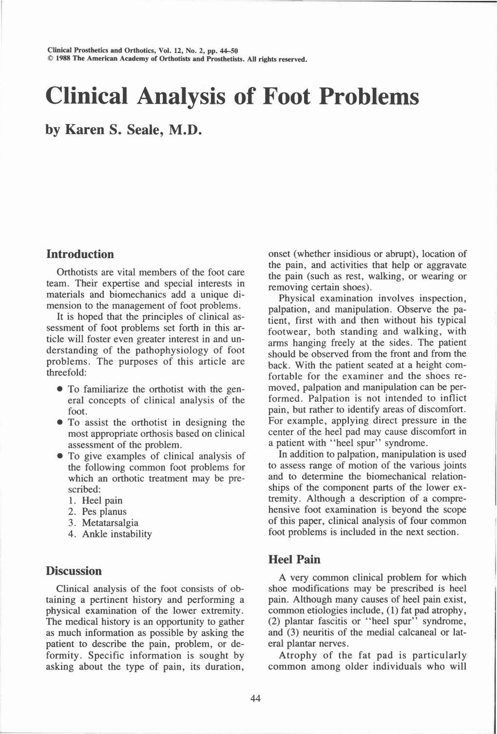 Clinical Analysis of Foot Problems by Karen S