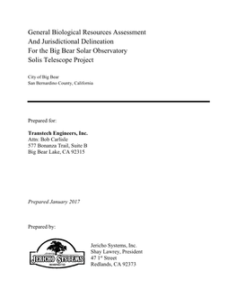 General Biological Resources Assessment and Jurisdictional Delineation for the Big Bear Solar Observatory Solis Telescope Project