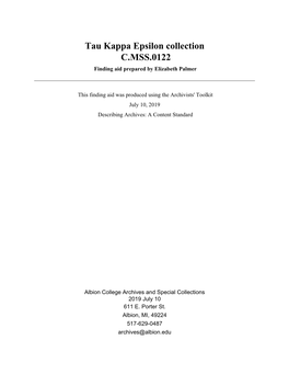 Tau Kappa Epsilon Collection C.MSS.0122 Finding Aid Prepared by Elizabeth Palmer