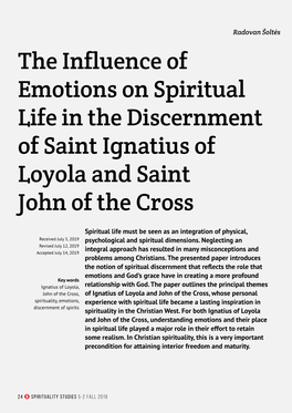 The Influence of Emotions on Spiritual Life in the Discernment of Saint Ignatius of Loyola and Saint John of the Cross