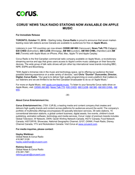 Corus' News Talk Radio Stations Now Available On