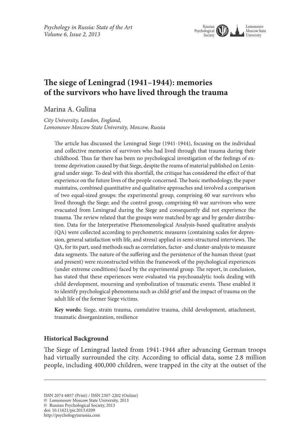 The Siege of Leningrad (1941–1944): Memories of the Survivors Who Have Lived Through the Trauma