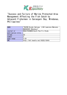 Success and Failure of Marine Protected Area Management Affecting the Fish Catch by Adjacent Fishermen in Sarangani Bay, Mindanao, Philippines"