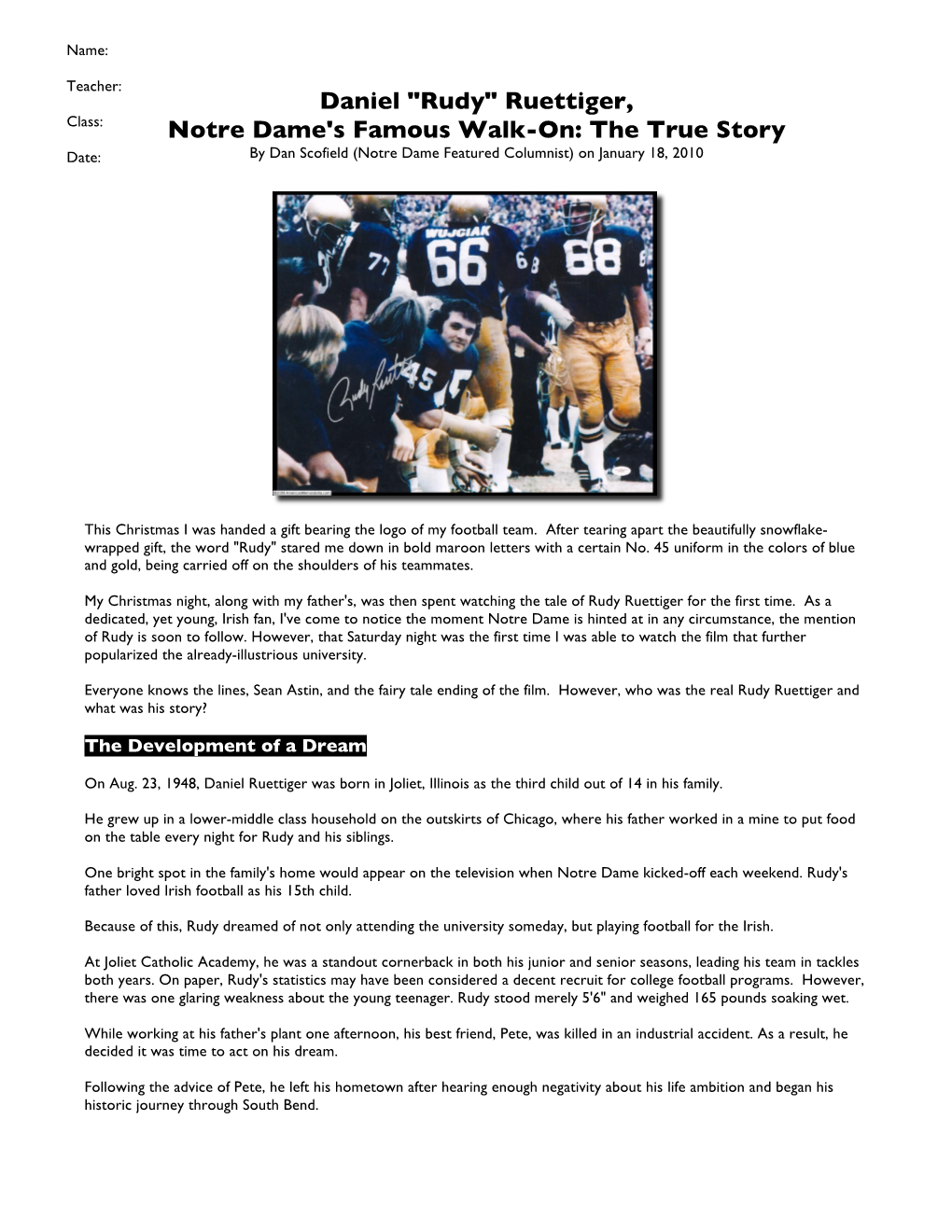 Daniel "Rudy" Ruettiger, Notre Dame's Famous Walk-On: the True Story