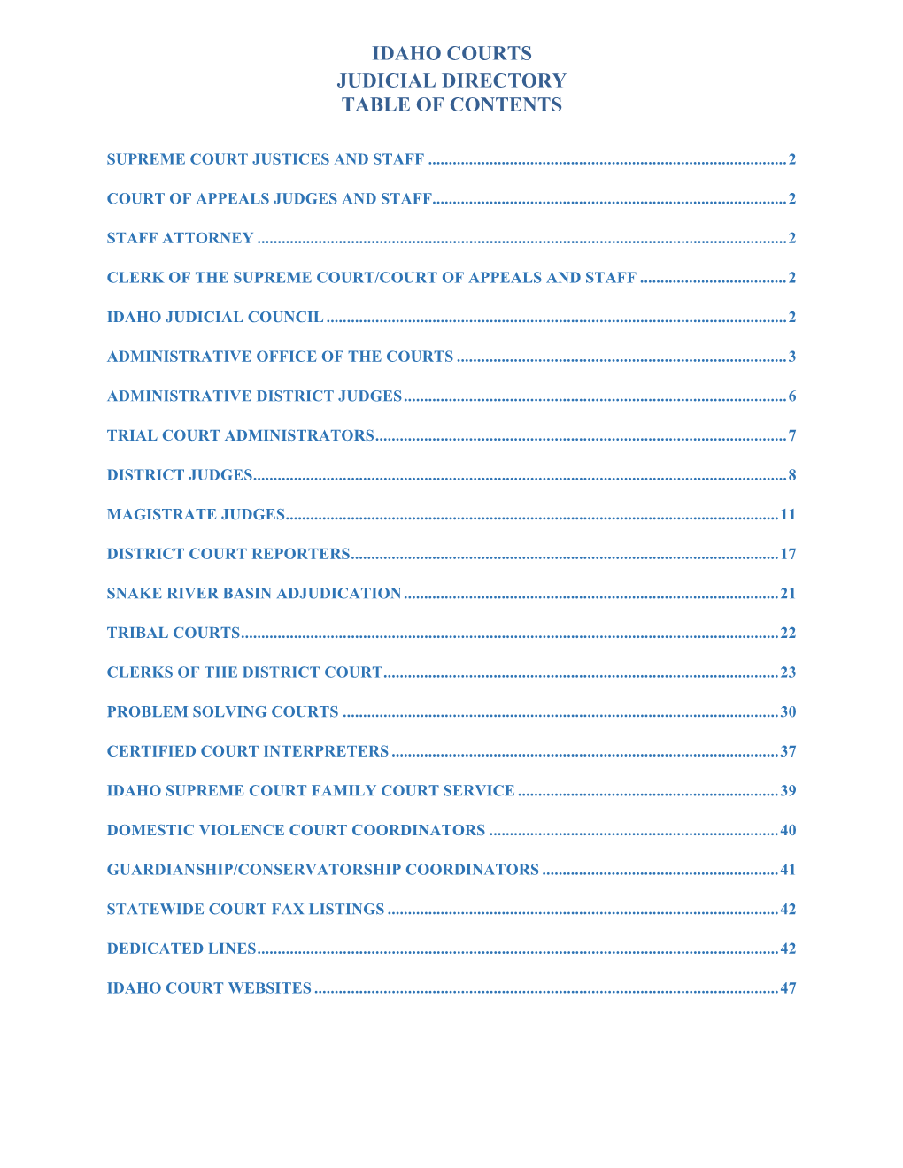 Judicial Directory Table of Contents