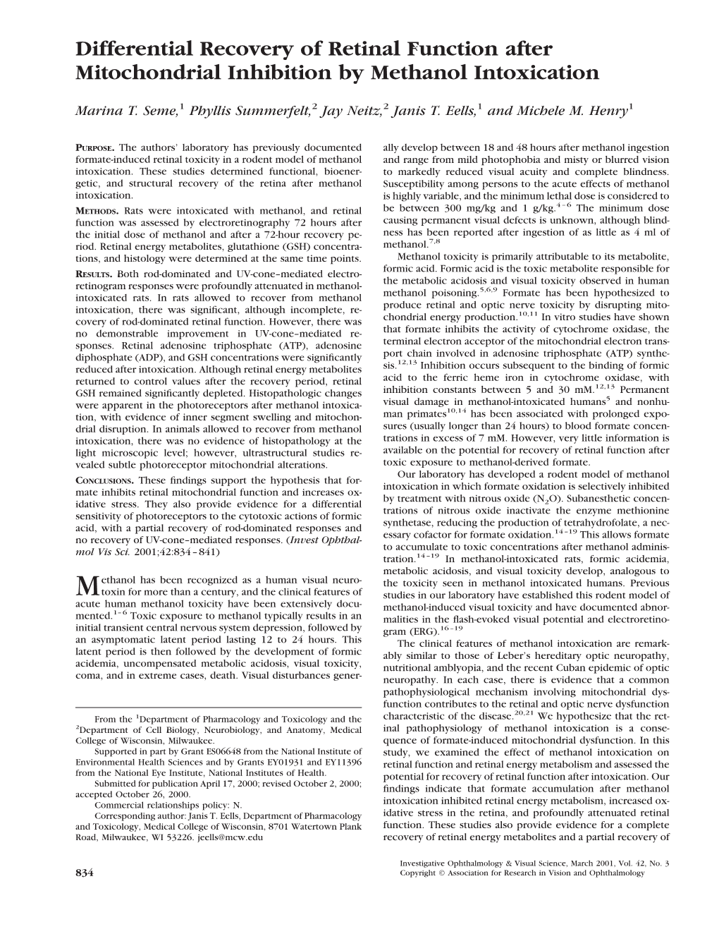 Differential Recovery of Retinal Function After Mitochondrial Inhibition by Methanol Intoxication