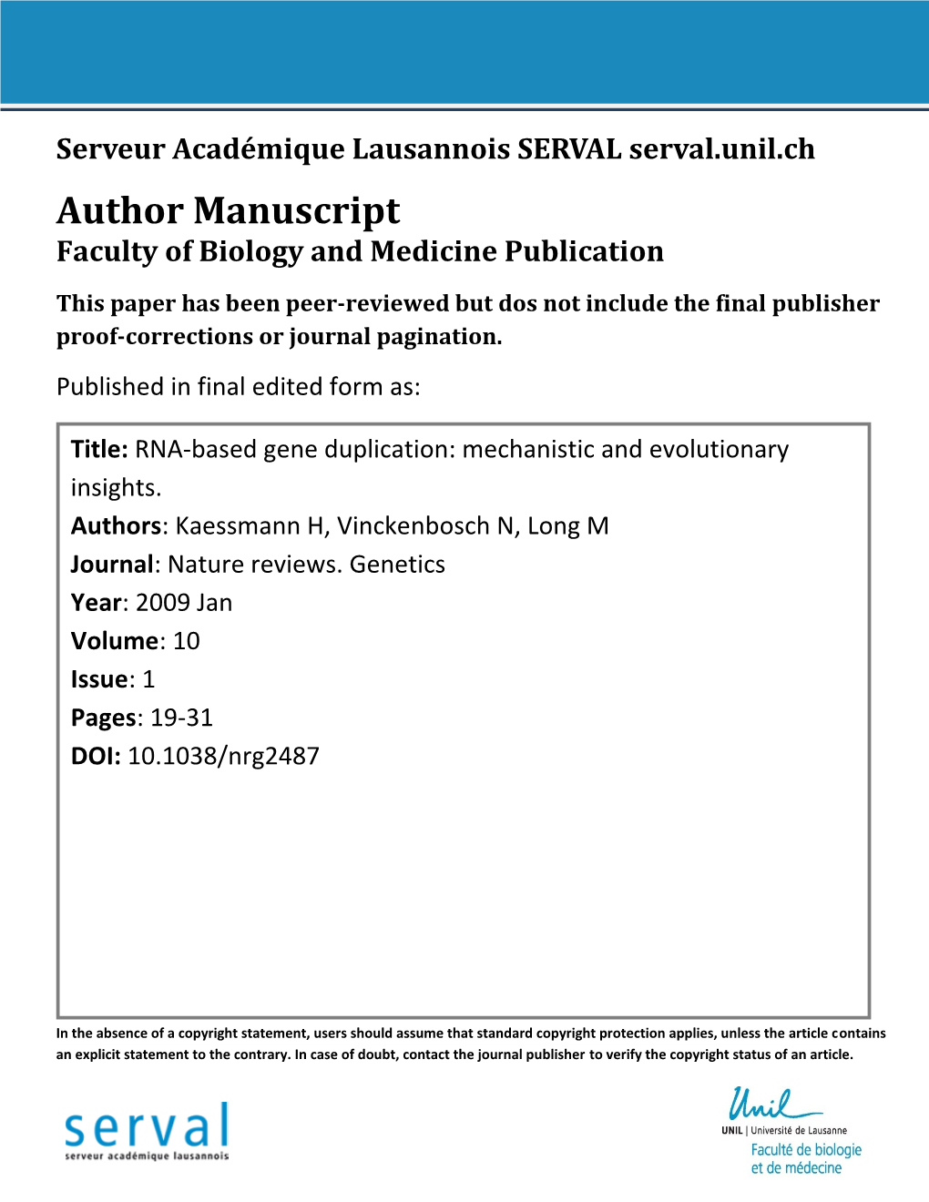 Author Manuscript Faculty of Biology and Medicine Publication