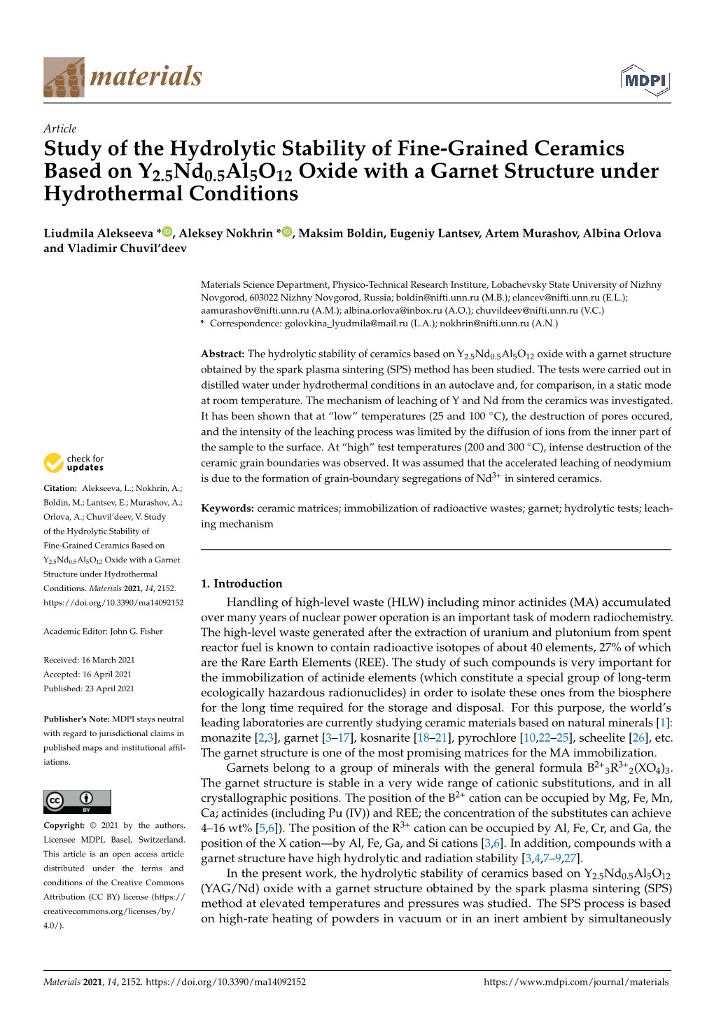 Study of the Hydrolytic Stability of Fine-Grained Ceramics Based on Y2.5Nd0.5Al5o12 Oxide with a Garnet Structure Under Hydrothermal Conditions