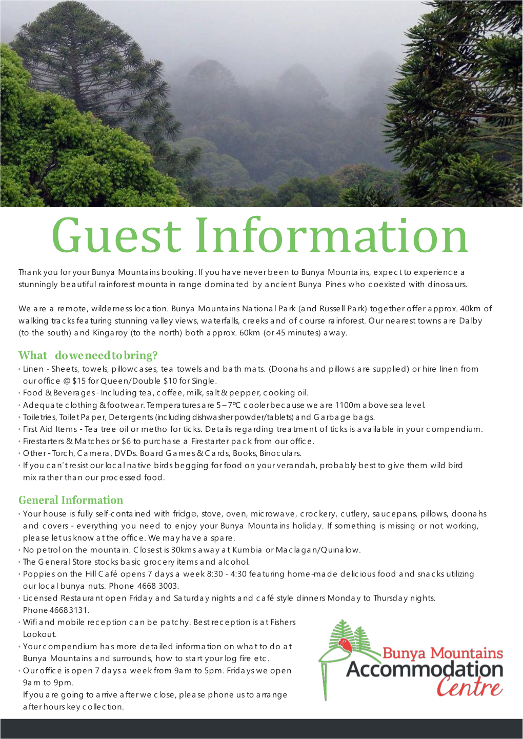 Guest Information Thank You for Your Bunya Mountains Booking