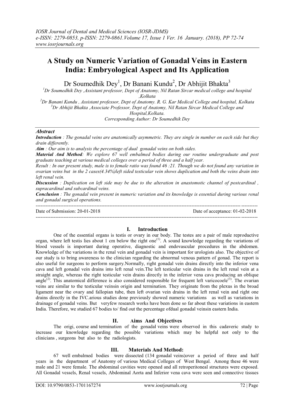 A Study on Numeric Variation of Gonadal Veins in Eastern India: Embryological Aspect and Its Application