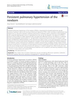 Persistent Pulmonary Hypertension of the Newborn Vinay Sharma1*, Sara Berkelhamer2 and Satyan Lakshminrusimha2