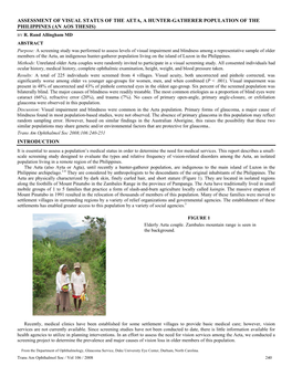 Assessment of Visual Status of the Aeta, a Hunter-Gatherer Population of the Philippines (An Aos Thesis) by R