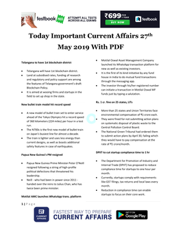 Today Important Current Affairs 27Th May 2019 with PDF