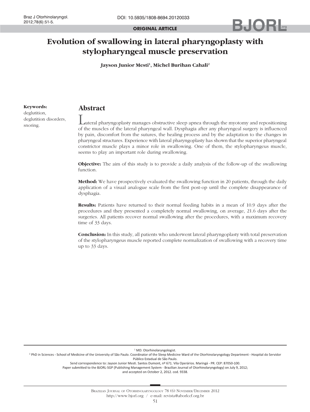 Evolution of Swallowing in Lateral Pharyngoplasty with Stylopharyngeal Muscle Preservation