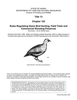 Game Bird Hunting, Field Trials and Commercial Shooting Preserves (Summary - Not an Official Copy)