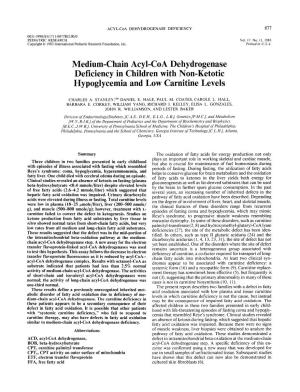 Medium-Chain Acyl-Coa Dehydrogenase Deficiency in Children with Non-Ketotic Hypoglycemia and Low Carnitine Levels