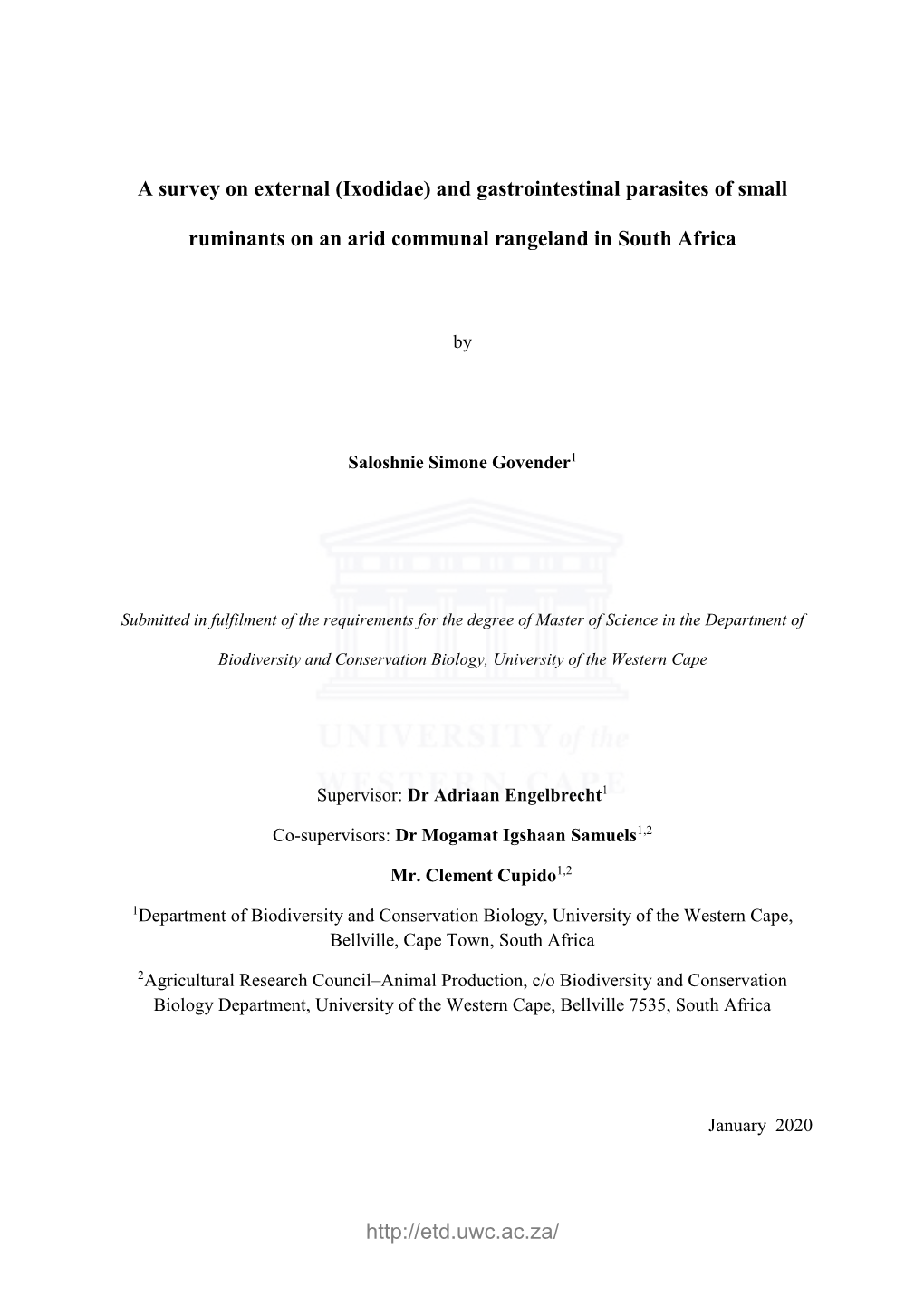 And Gastrointestinal Parasites of Small Ruminants on an Arid Communal Rangeland in South