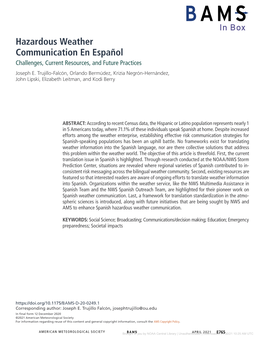 Hazardous Weather Communication En Español Challenges, Current Resources, and Future Practices Joseph E