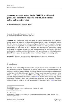 Assessing Strategic Voting in the 2008 US Presidential Primaries: the Role of Electoral Context, Institutional Rules, and Negative Votes