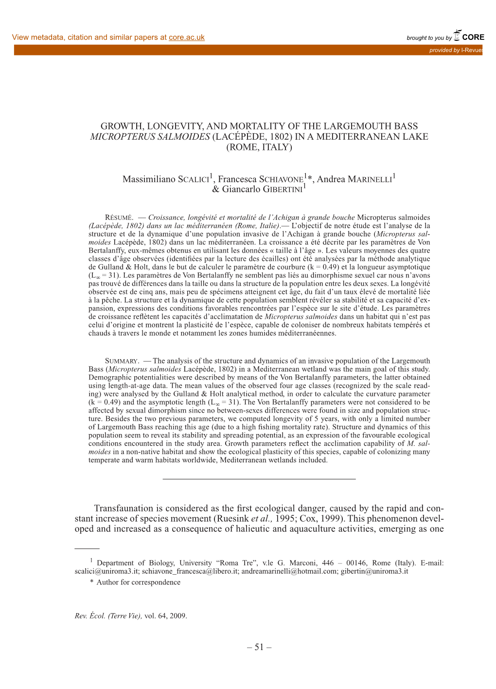 Growth, Longevity, and Mortality of the Largemouth Bass Micropterus Salmoides (Lacépède, 1802) in a Mediterranean Lake (Rome, Italy)