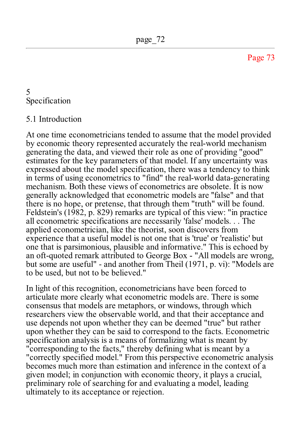 Page 72 Page 73 5 Specification 5.1 Introduction at One Time Econometricians Tended to Assume That the Model Provided by Economi