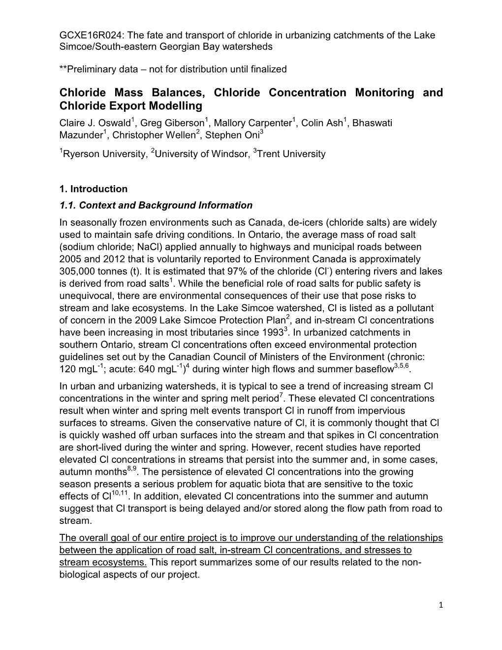 The Fate and Transport of Chloride in Urbanizing Catchments of the Lake Simcoe/South-Eastern Georgian Bay Watersheds