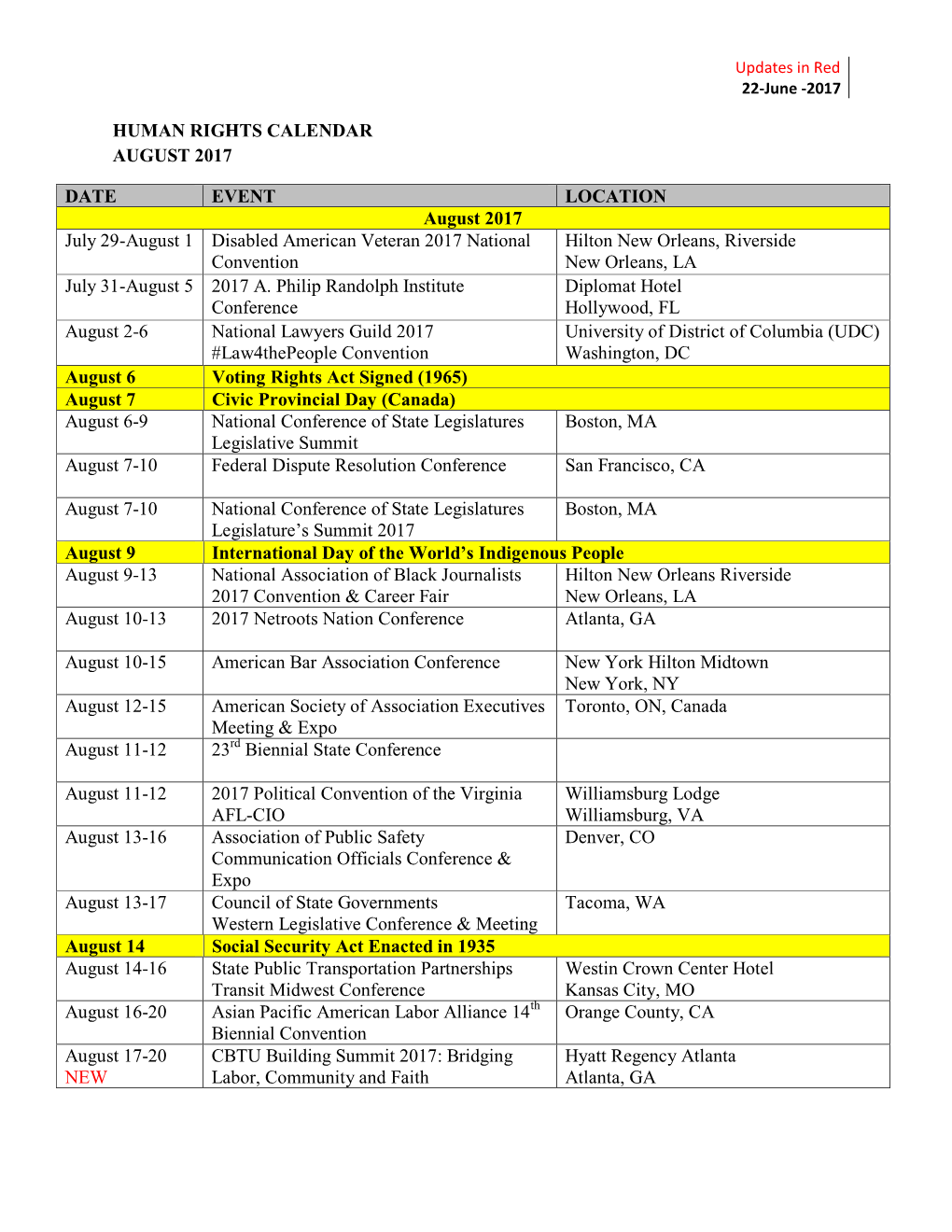 Human Rights Calendar August 2017 Date Event