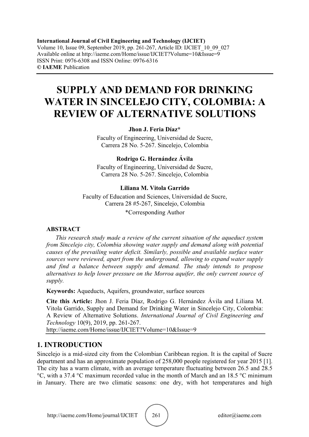 Supply and Demand for Drinking Water in Sincelejo City, Colombia: a Review of Alternative Solutions