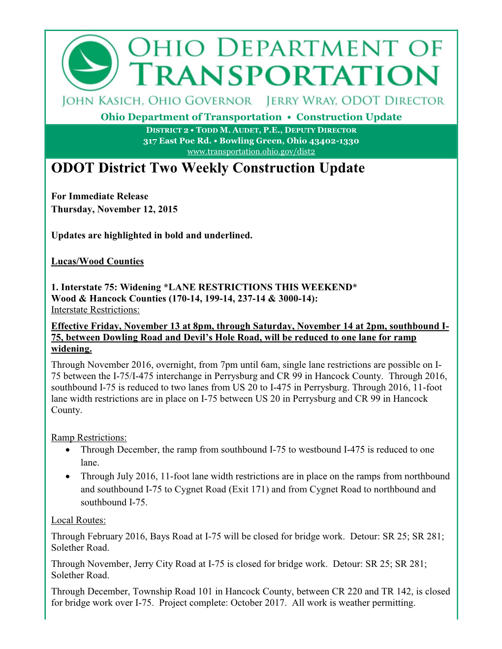 ODOT District Two Weekly Construction Update