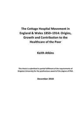 The Cottage Hospital Movement in England & Wales 1850–1914